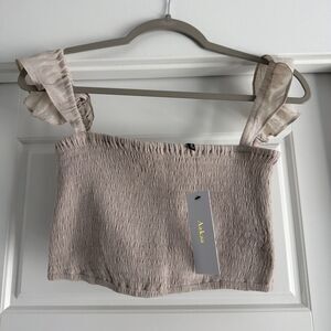 Aakaa Beige/sand Ruched Cropped Ruffle Sleeve Tank Top Size Small